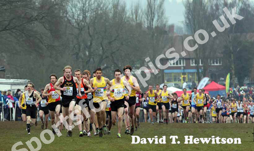 4213 Frank Tickner leads with the North East well to for behind  with 4576 Jonny Taylor, 4570 Phil Martin  and 4572 Richard MorrellMcCain World Cross Country Trials and Inter Counties, Cofton Park, Birmingham.